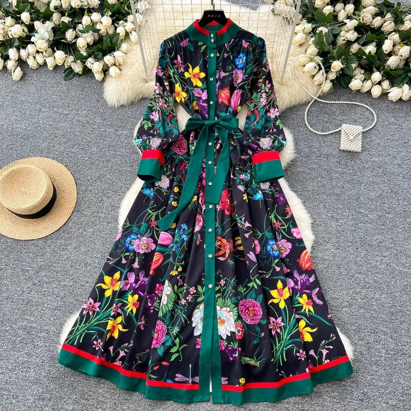 2026 Long-sleeve Printed Dress Women Summer Single-breasted Stand-collar Party Maxi Dresses Lace-up Slim Elegant A-line Dresses