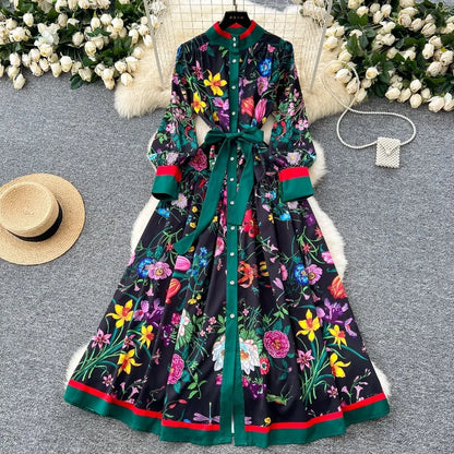 2026 Long-sleeve Printed Dress Women Summer Single-breasted Stand-collar Party Maxi Dresses Lace-up Slim Elegant A-line Dresses