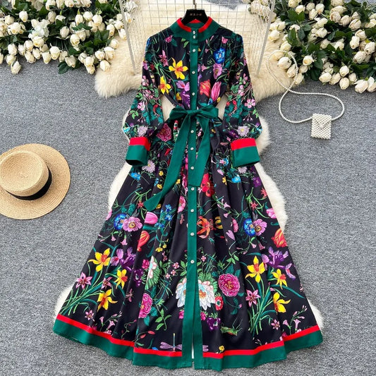 2026 Long-sleeve Printed Dress Women Summer Single-breasted Stand-collar Party Maxi Dresses Lace-up Slim Elegant A-line Dresses