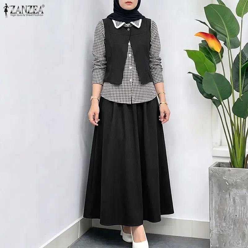 ZANZEA Women Muslim Sets Vintage Gingham Patchwork Fake 2 Pieces Blouse  Maxi Skirt Suit Casual Long Sleeve Tops Matching Sets