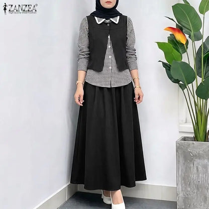 ZANZEA Women Muslim Sets Vintage Gingham Patchwork Fake 2 Pieces Blouse  Maxi Skirt Suit Casual Long Sleeve Tops Matching Sets