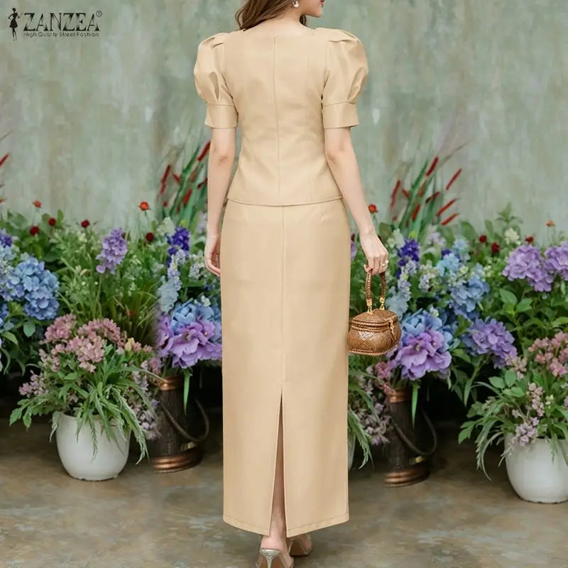 ZANZEA Women's Elegant Satin Skirt Sets Square Neck Short Puff Sleeve Crop Tops & Maxi Skirts 2 Pieces Suits Classy Party Outfit