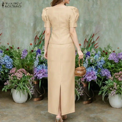 ZANZEA Women's Elegant Satin Skirt Sets Square Neck Short Puff Sleeve Crop Tops & Maxi Skirts 2 Pieces Suits Classy Party Outfit