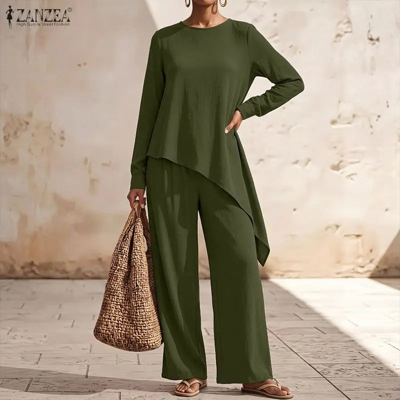 ZANZEA Women Pants Sets Two Piece Outfit Irregular Hem Tunic Tops Wide Leg Pant Casual O Neck Long Sleeve Solid Color 2PCS