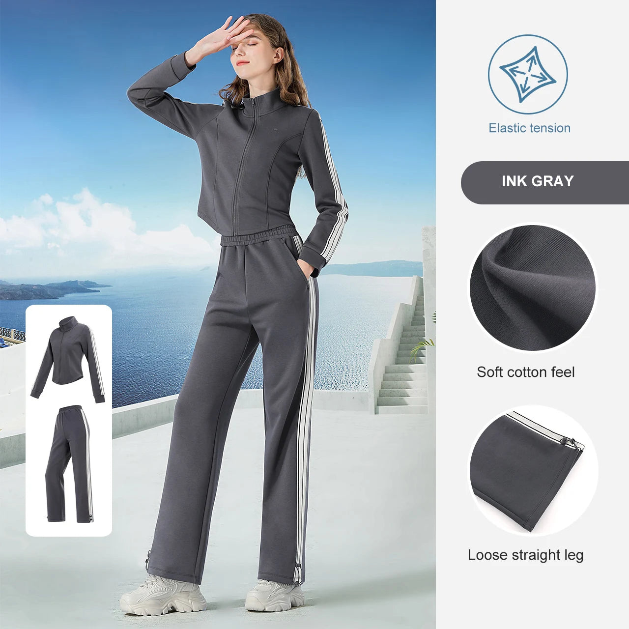 GOLDEN CAMEL Women's Sports Suit Fashion Slim Fitness Gym Two-piece Jogging Suit Stand Collar Casual Long Sleeve T-shirts Pants