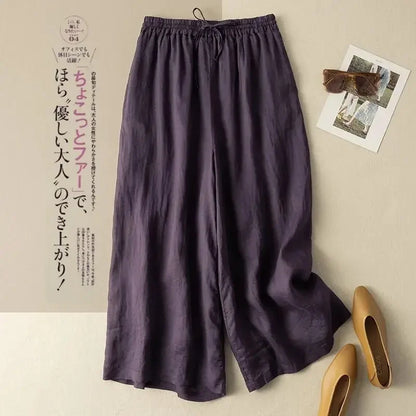 Black Cotton Linen Casual Elastic High Waist Loose Women's Pants Korean Fashion Wide Leg Ankle-Length Pants For Women 2025