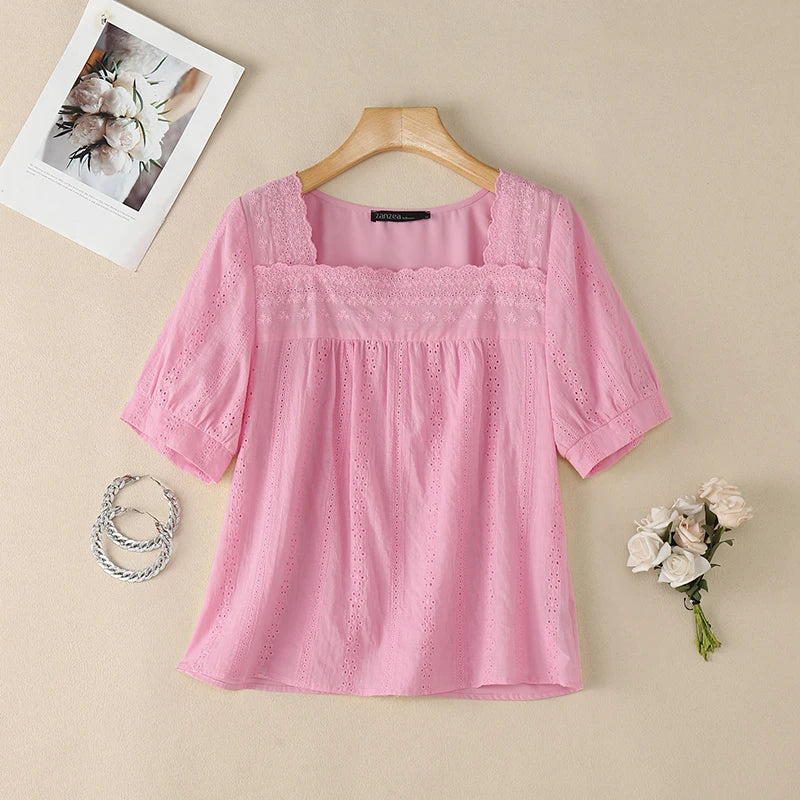 ZANZEA Openwork Embroidered Blouses for Woman Elegant Lace Trim Square Neck Tops Summer Feminine Short Puff Sleeve Blusas Mujer