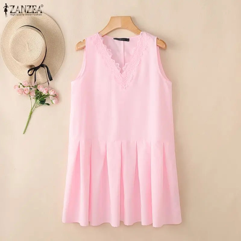 Summer Sleeveless Tops ZANZEA Women Blouses Lace Patchwork V Neck Pleated Blouse Streetwear OL Work Party Blusas Tops Tunic 3XL