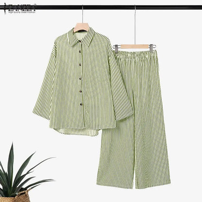 ZNAZEA Fashion Autumn Lapel Neck Long Sleeve Shirt Tops Loose Wide Leg Pant Sets Women Outfits Casual OL Work Tracksuit 2 Pieces