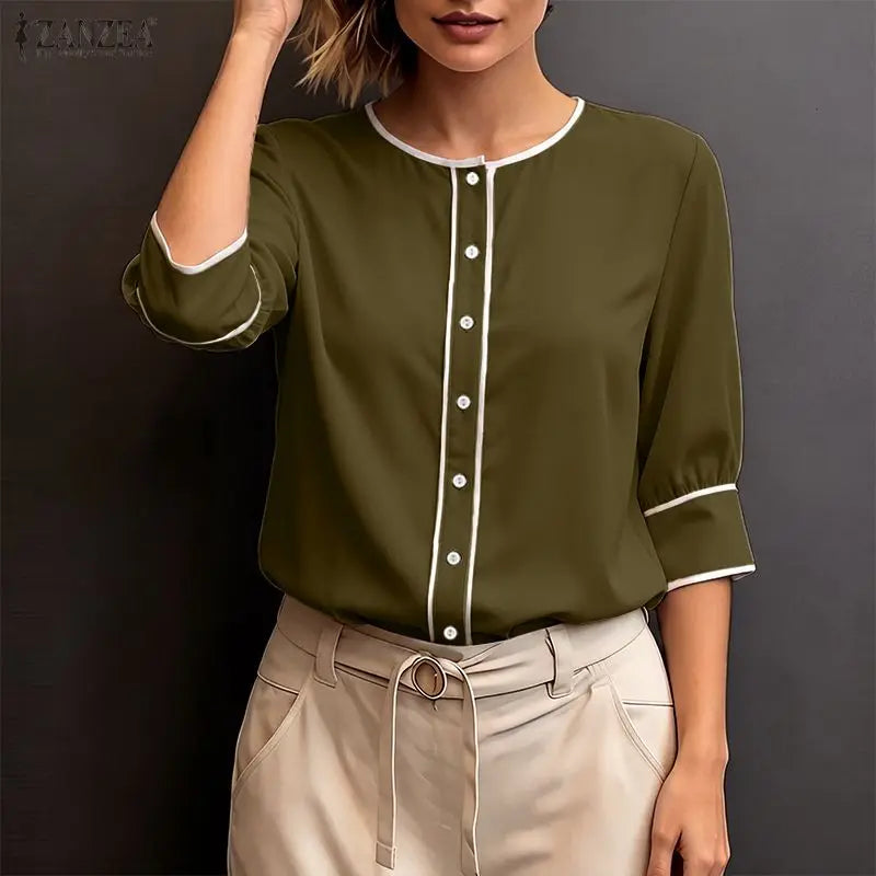 ZANZEA Women's Fashion Contrast-Trim Shirts 3/4 Sleeves O-Neck Button Up Casual Tops 2026 Summer Streetwear Chemises Femme