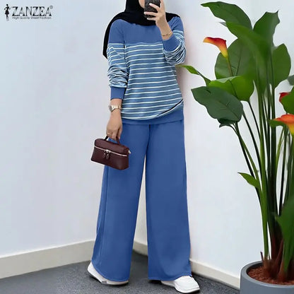 2026 ZANZEA Fashion Spring Tracksuit Women Striped 2 Piece Sets Casual Long Sleeve Tops Pant Sets Muslim Outfits Matching Sets