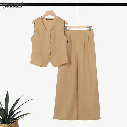ZANZEA Women's Old Money Pant Suits Vintage U-Neck Vest Tops & Wide-Leg Pants 2 Pieces Sets Summer Office Commute 2pcs Outfits