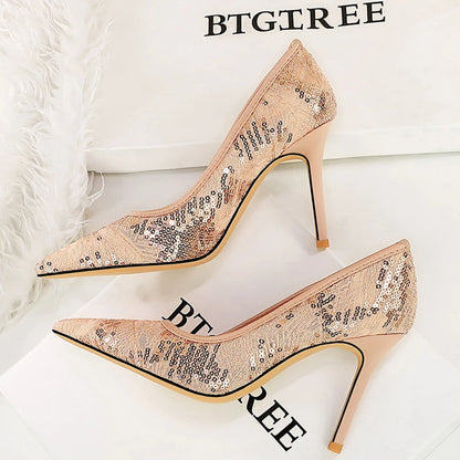 BIGTREE Shoes Women Pumps Pointed Tip High Heels Women 9.5 Cm Heels Lace Mesh Wedding Shoes Stiletto Sexy Party Shoes 3 Color
