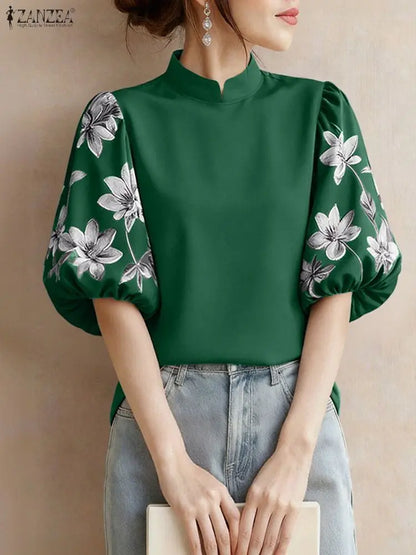 ZANZEA Elegant Women Blouses Fashion Stand Collar Floral Printed Half Lantern Sleeve Casual Tops Spring 2025 Woman Clothes S-3XL