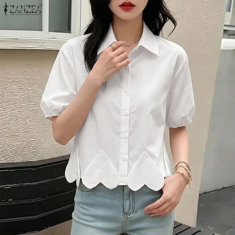 ZANZEA Heart-Shaped Detailing Short Shirt Women Short Puff Sleeve Turn-Down Collar Button Up Top Summer Streetwear Camisas Mujer
