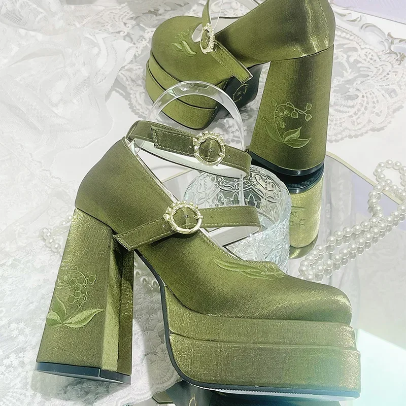 Elegant Satin Waterproof Lolita Mary Jane Shoes Women's Sweet Cute Girls Bow Paltform High Heel Ladies Pumps Platform Heels