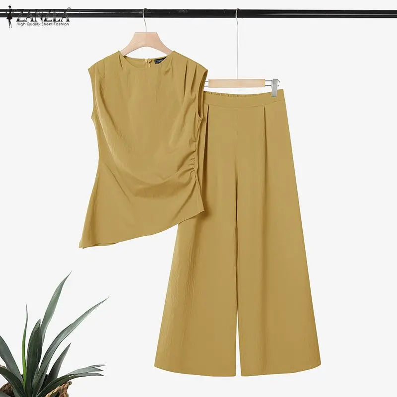 ZANZEA Fashion Summer 2 Pieces Sets Sleeveless Tanks Tops Pant Sets Women Elegant Solid OL Work Outfit Tracksuit Streetwear 2026