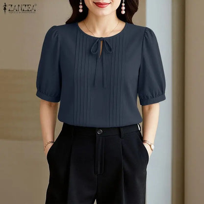 ZANZEA Elegant Solid Color Woman Blouses Lace Up O-Neck Short Puff Sleeve Pintuck Detail Women's Tops Summer Casual Blusas