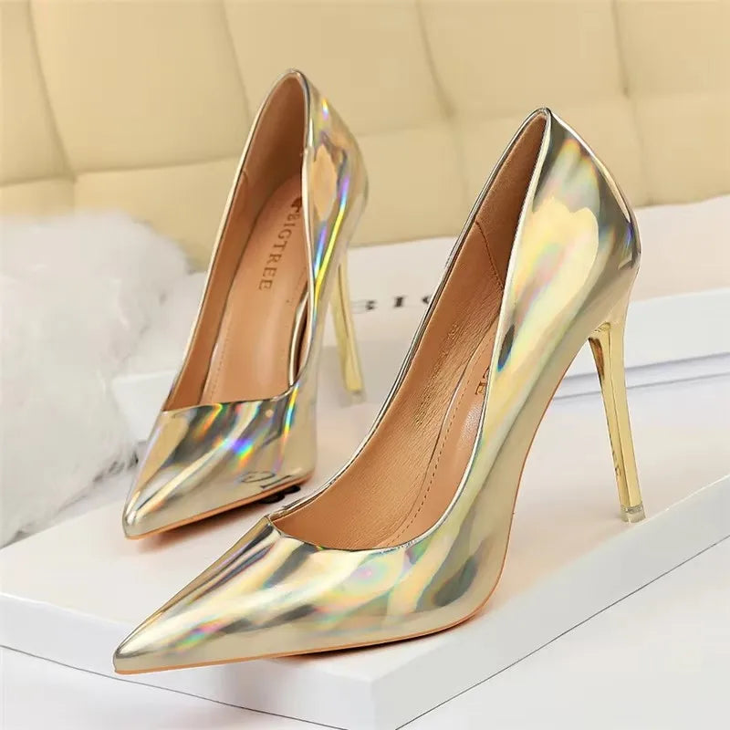 2026 Women 10.5cm High Heels Blue Green Valentine Pumps Luxury Glossy Stripper Stiletto Wedding Bridal Fetish Shoes Plus Size 43