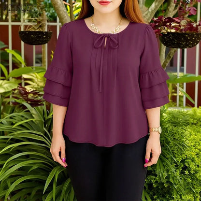 ZANZEA Women's Casual Solid Color Blouses Lace-Up O-Neck Pintuck Layered 3/4 Flared Sleeves Tops Spring Elegant Blusas de Mujer