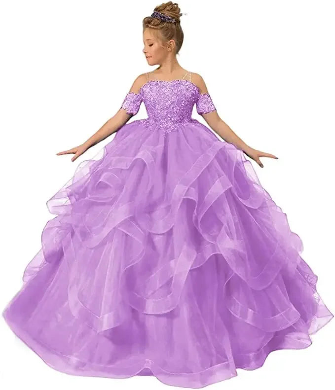 Dress for girls Party Flower Kids Ball Gown Tulle Off Shoulder Children Birthday Wedding Dresses First Communion Gown Clothing