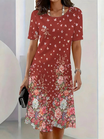 2026 New Elegant Floral Print Dresses for Women Round-Neck Short Sleeve Female Clothing Summer Travel Vacation Clothes for Woman