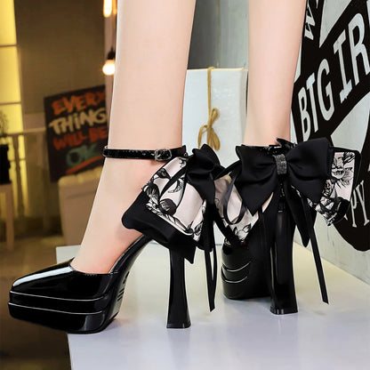 BIGTREE Shoes Big Bowknot Design Women Pumps Patent Leather Ultra High Heels Platform Pumps 11.5 CM Buckle High-heeled Sandals
