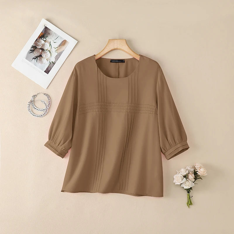 ZANZEA Woman Casual Minimalist Blouses Summer Pintuck Detailing O-Neck 3/4 Puff Sleeve Solid Color Tops Everyday Blusas de Mujer
