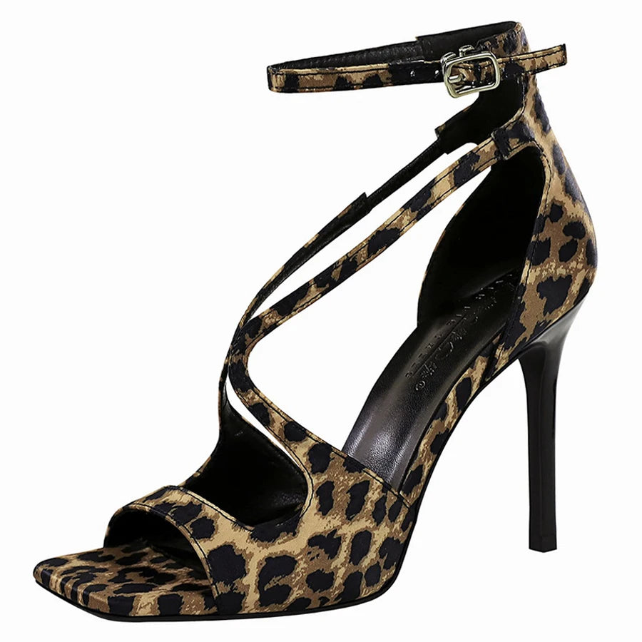 BIGTREE Shoes Leopard Print Heeled Sandals Women Summer Shoes Stiletto Heels 10.5 cm Sexy Party Shoes Hollow Out Lady Sandals