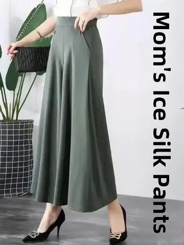 High Waist Drapey Wide Leg Skirt Pants Loose Fit Thin Summer plus Size Slimming Nine Point Pants for Middle-Aged And Elderly ...