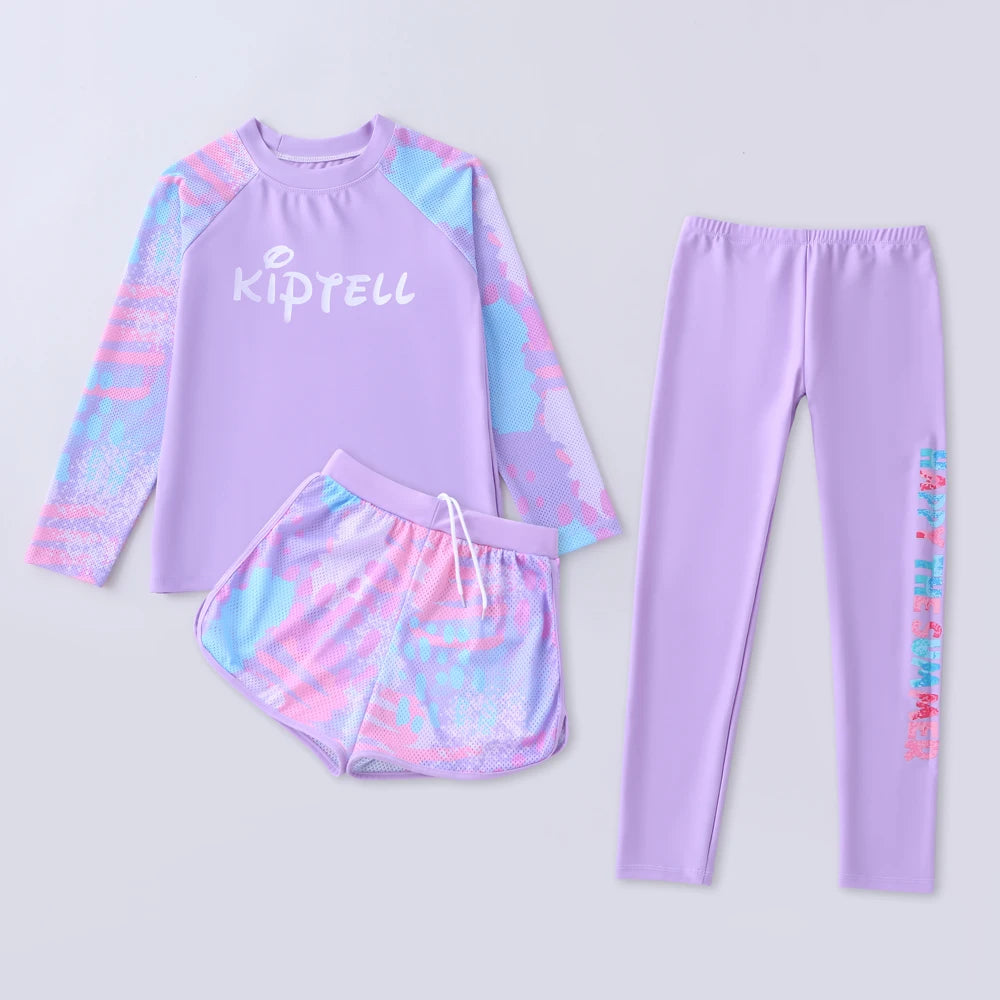 Children's Three-Piece Swimsuit Set, Purple Swimsuit Set, Long Sleeves and Long Pants