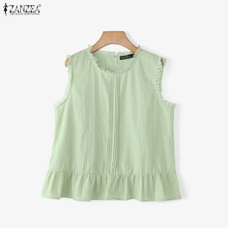 ZANZEA Women Blouses Ruffles Tops Sleeveless Tee Summer Blusas O Neck Tunic Oversize Casual Blouse Solid Color Streetwear
