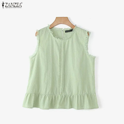ZANZEA Women Blouses Ruffles Tops Sleeveless Tee Summer Blusas O Neck Tunic Oversize Casual Blouse Solid Color Streetwear