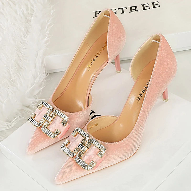 Women 7 Cm And 10.5 Cm Heels Metal Buckle Women Pumps Rhinestone Luxury Banquet Shoes Sexy High Heels Female Stiletto Size 43