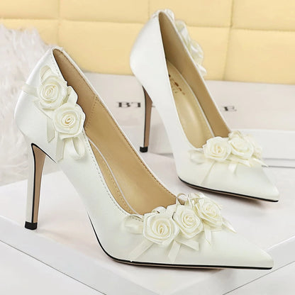 BIGTREE Shoes Lace Flower Women Pumps Silks Satins High Heels Stilettos 10 CM Fashion Wedding Shoes Female Pumps Party Shoes