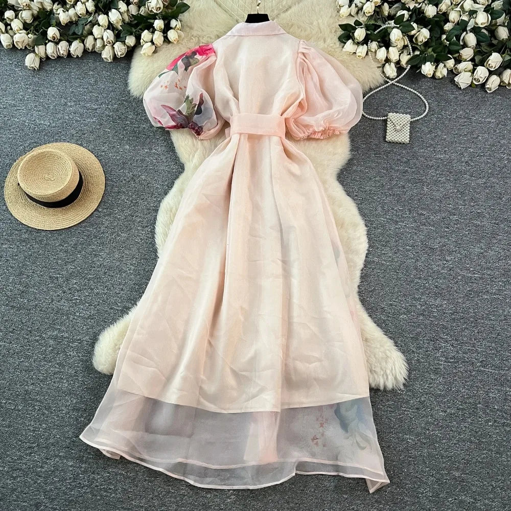 Chic vintage Sexy print mesh lace-up button Fairy Summer  Women Boho Sundress women clothing Long dress