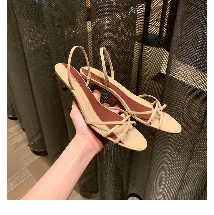 Fashion Pointed Toe Cross Tied Kitten Heel Sandal Women Summer Sexy Open Toe Patchwork Slide Sandal Elegant Comfort Zapato Mujer