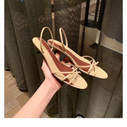 Fashion Pointed Toe Cross Tied Kitten Heel Sandal Women Summer Sexy Open Toe Patchwork Slide Sandal Elegant Comfort Zapato Mujer
