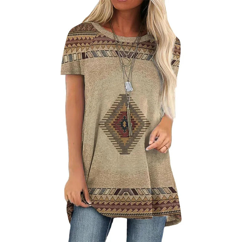 Western Ethnic Style T-shirt 3D Print Geometry Streetwear Women Retro Tunic T Shirts Y2K Tops Tees Woman Girl Oversized Clothing