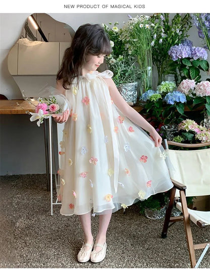 Girls Sleeveless Princess Dresses Baby Print Mesh Sweet Dresses Kids Party Evening Tutu Gown Ball Childrens Clothes 4-12 Years
