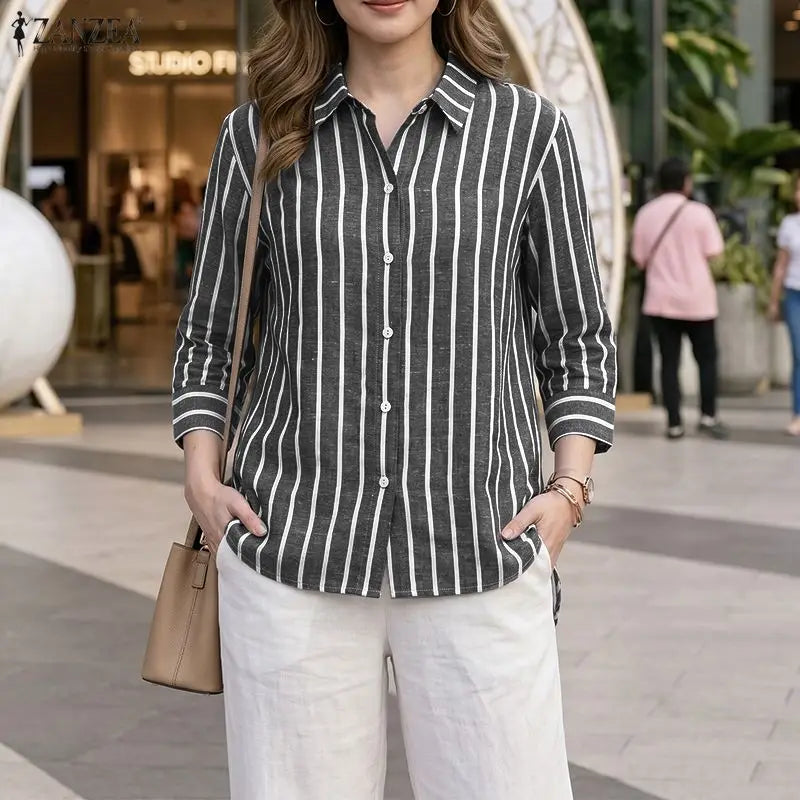 ZANZEA 2026 Woman Striped Shirts Turn-Down Collar 3/4 Sleeve Button Up High-Low Blouses Autumn Casual Commute Work Chemise Femme