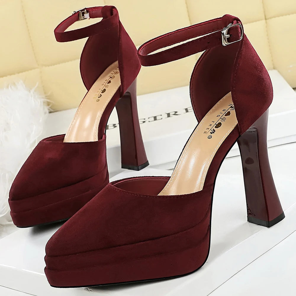 BIGTREE Shoes Platform Heels Women Pumps Chunky Heel Ladies Shoes Suede Ultra High Heels 11 cm Buckle Heeled Sandals Summer Shoe