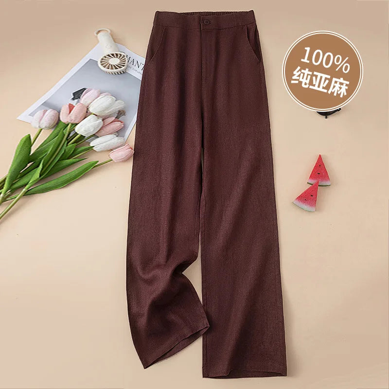 Women's 100% Pure Linen Wide-Leg Pants Loose Drape Ankle Length Summer Thin Straight-Cut Casual Trousers