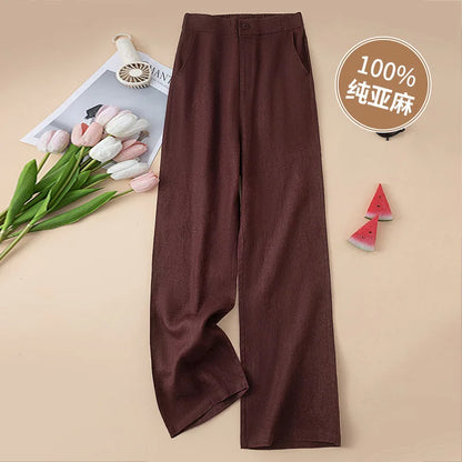 Women's 100% Pure Linen Wide-Leg Pants Loose Drape Ankle Length Summer Thin Straight-Cut Casual Trousers