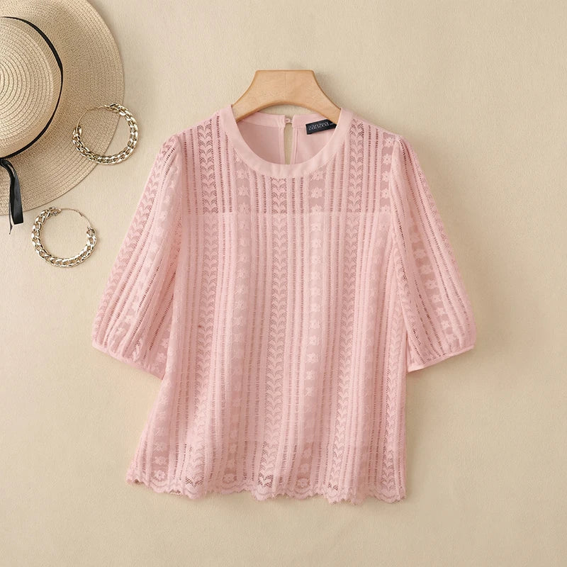 ZANZEA Womens Openwork Lace Blouses Elegant Half Puff Sleeve Solid Color O-Neck Tops 2026 Summer Casual Commute Blusas de Mujer