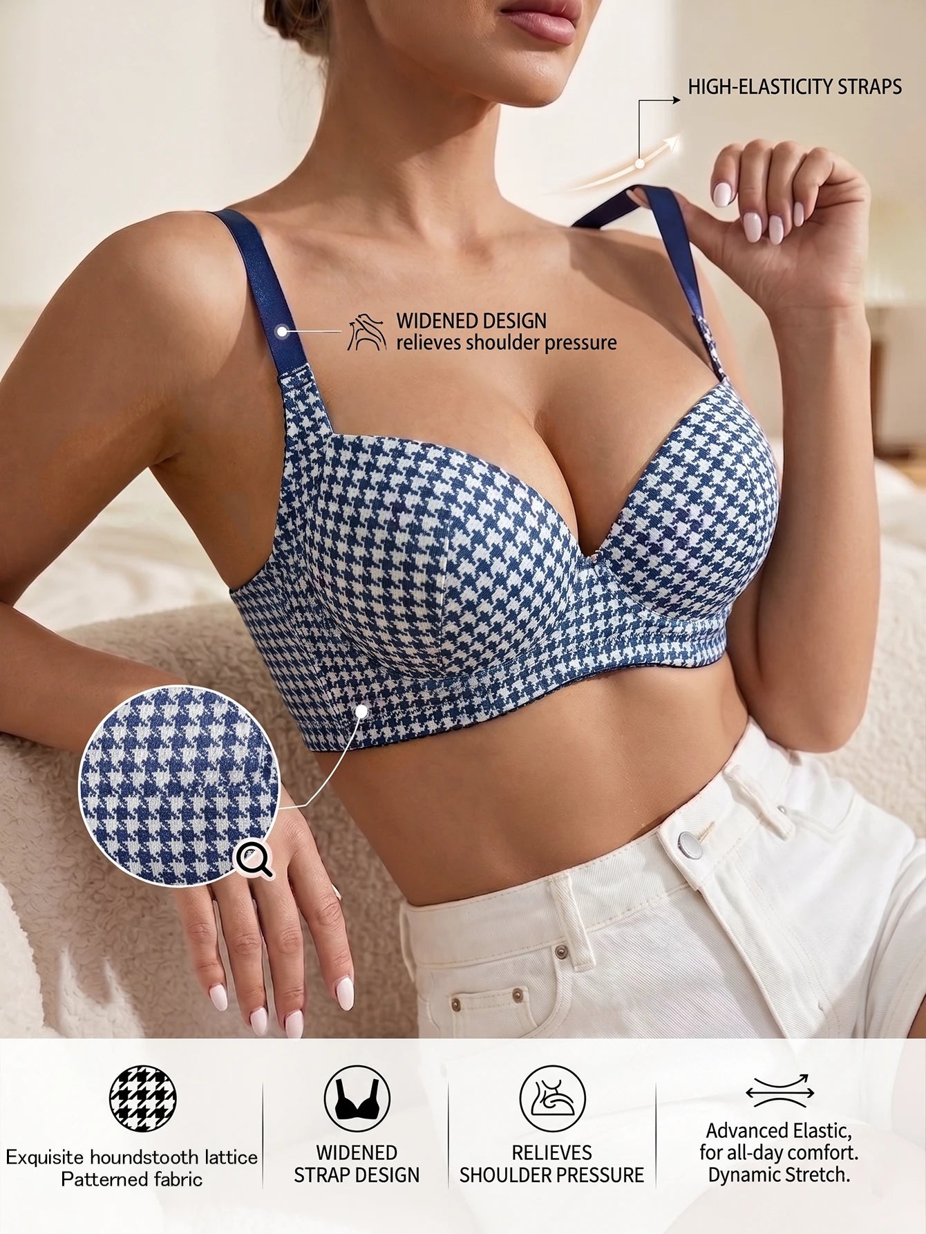 Women Houndstooth Push Up Bra Underwire Wide Side Band Gathering Everyday Thin Cup Comfortable Bra