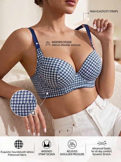 Women Houndstooth Push Up Bra Underwire Wide Side Band Gathering Everyday Thin Cup Comfortable Bra