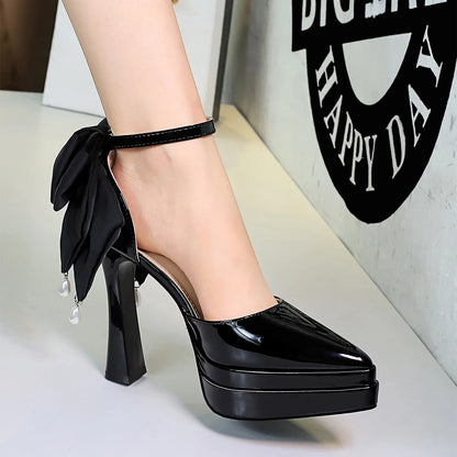 BIGTREE Shoes Platform Pumps Women Shoes Chunky Heel Pointed High Heels 11.5 cm Patent Leather Ladies Shoes Bowknot Party Shoes