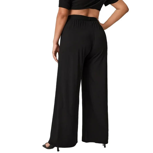 2026 Plus Size Women's Elastic Waist Wide Leg Pants With Pockets
