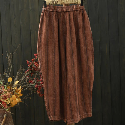 100% Linen Women Casual Harem Pants New 2026 Summer Vintage Style Striped Loose Comfortable Female Ankle-length Pants M2406